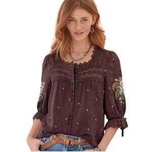 Sundance Craftsbury Square Neck Embroidered Peasant Top Brown Size XS Boho